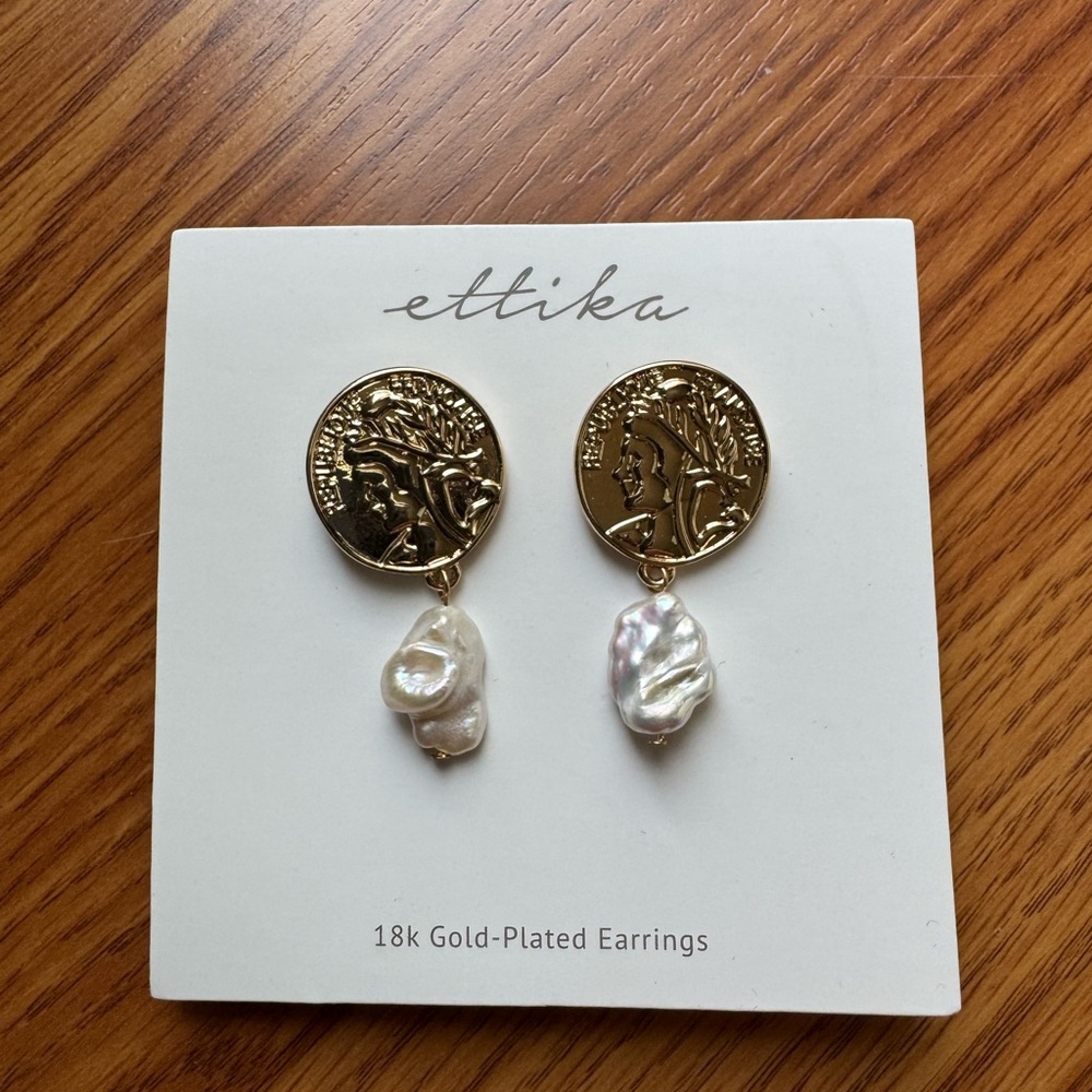 NEW Ettika Ancient Coin Gold Pearl Earrings